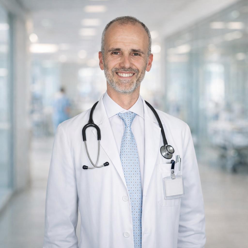 Πορτρέτο Δρ. Αλέξανδρου Χαμζίν με λευκή ιατρική ρόμπα